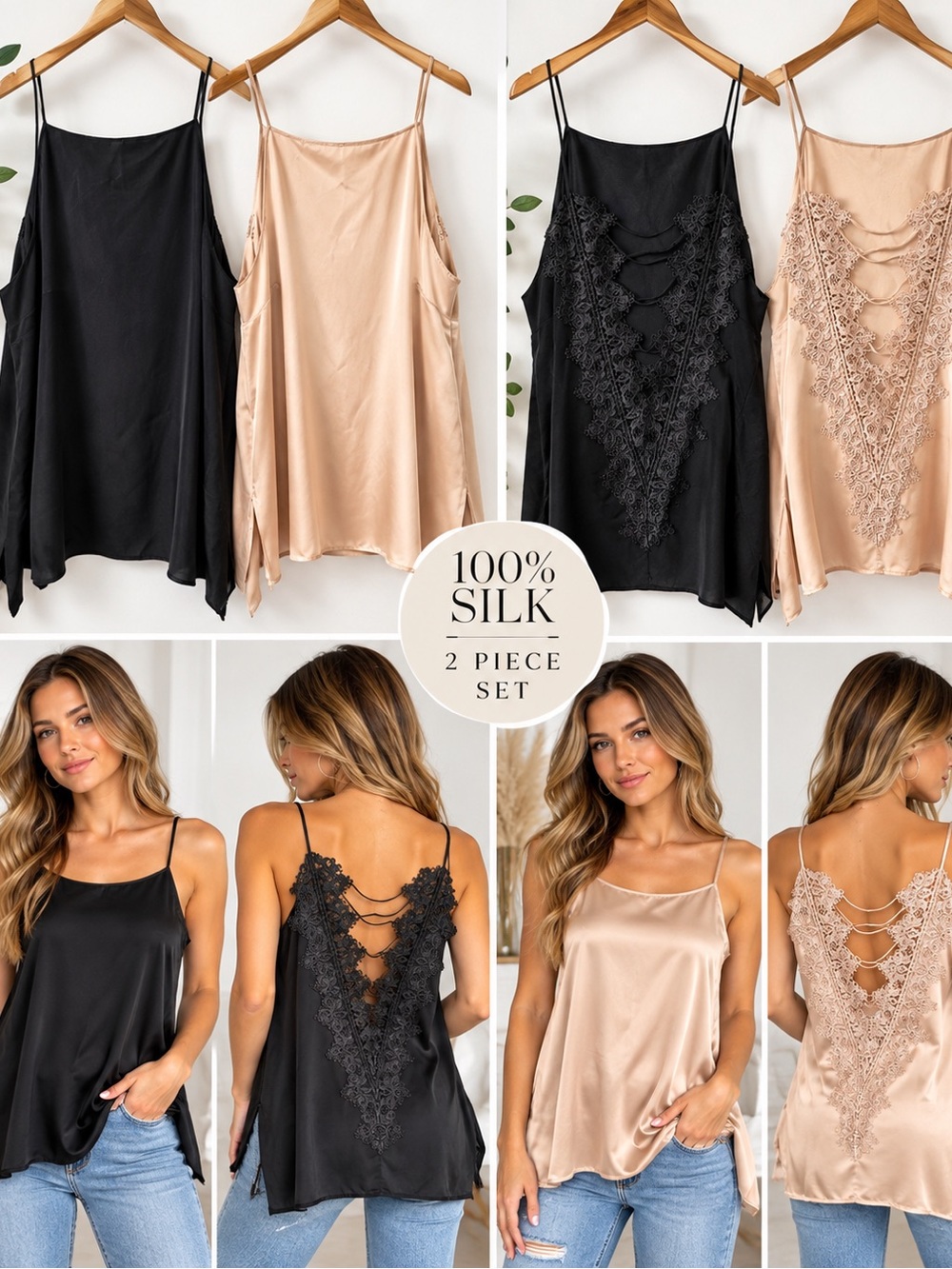 100% Silk Lace Open Back Camisole Tank Top Set Black Champagne L